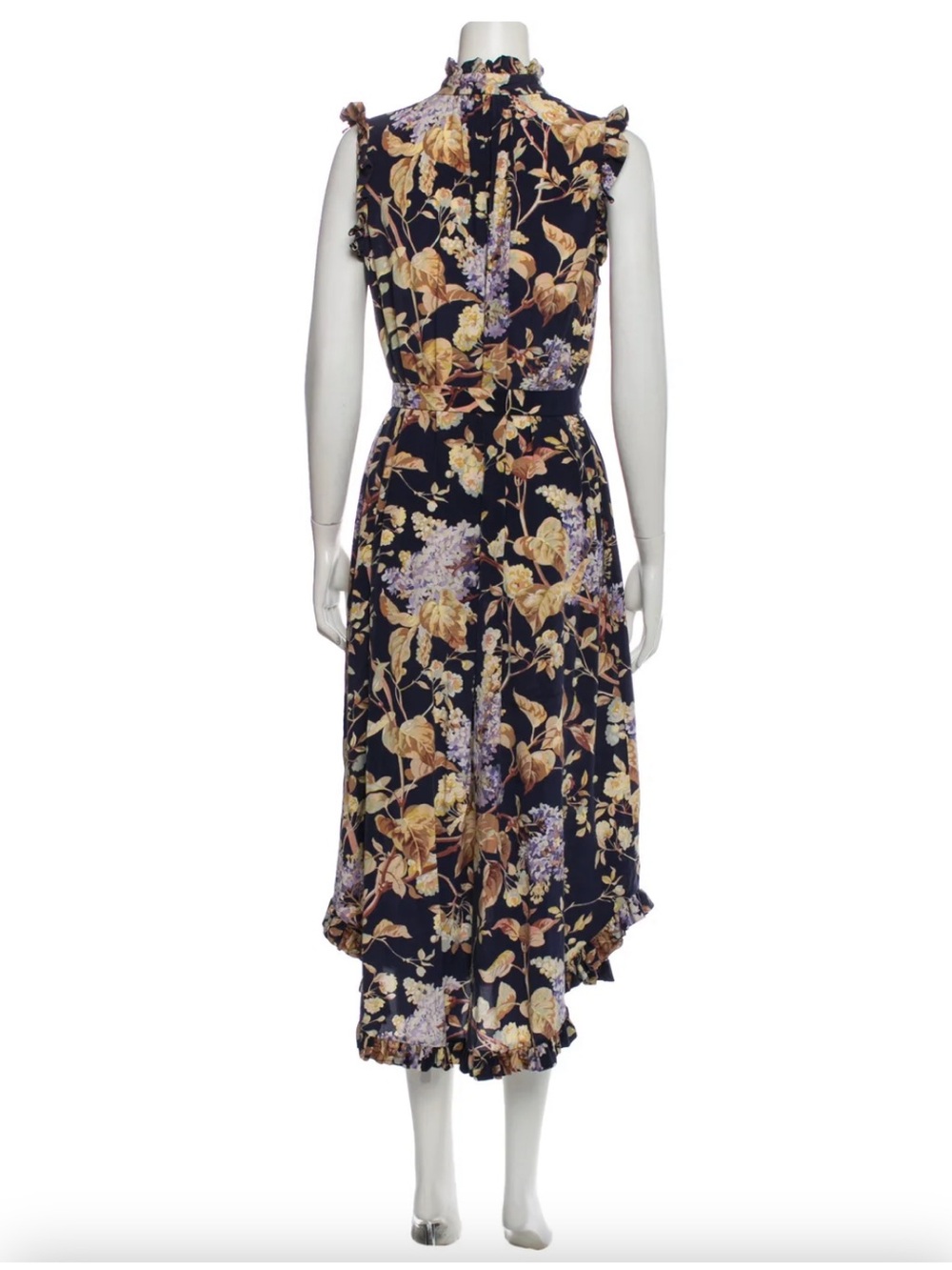 Zimmermann Navy Floral Ruffled Tie-Neck Midi Dress Silk SZ 3 - Picture 2 of 5